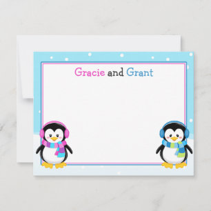 Penguin Twins Thank You Note, Boy/Girl Twins Note Card