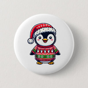 Penguin Ugly Sweater Santa Hat Christmas 2 Inch Round Button