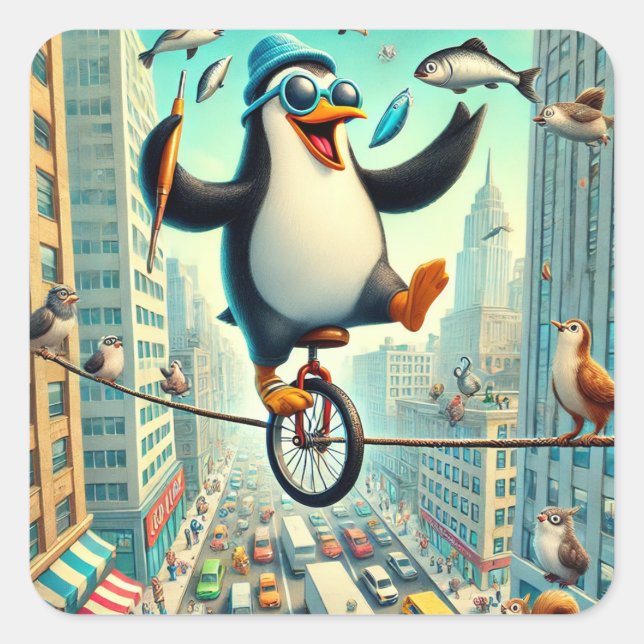 Penguin Unicyclist in the City – Whimsical Circus Square Sticker (Front)