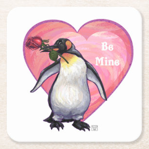Penguin Valentine's Day Square Paper Coaster