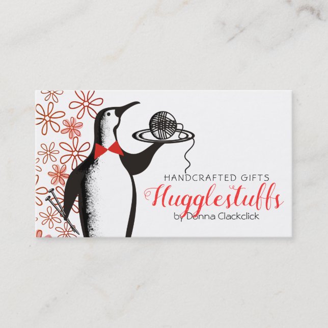 Penguin waiter knitting needles yarn business card (Front)