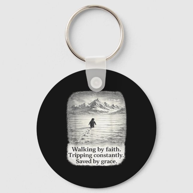 Penguin walking by faith tripping constantly  keychain (Front)