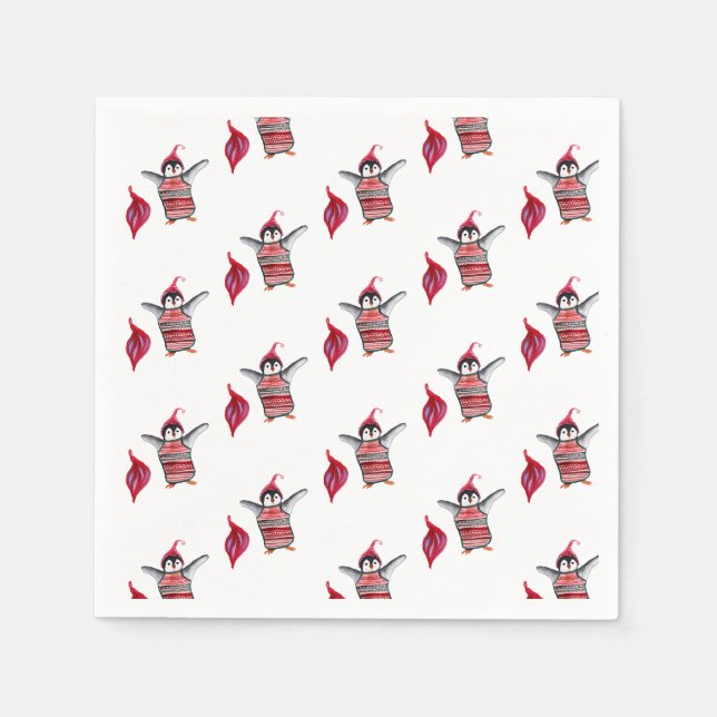 Penguin Watercolor Art for Christmas Napkin (Front)