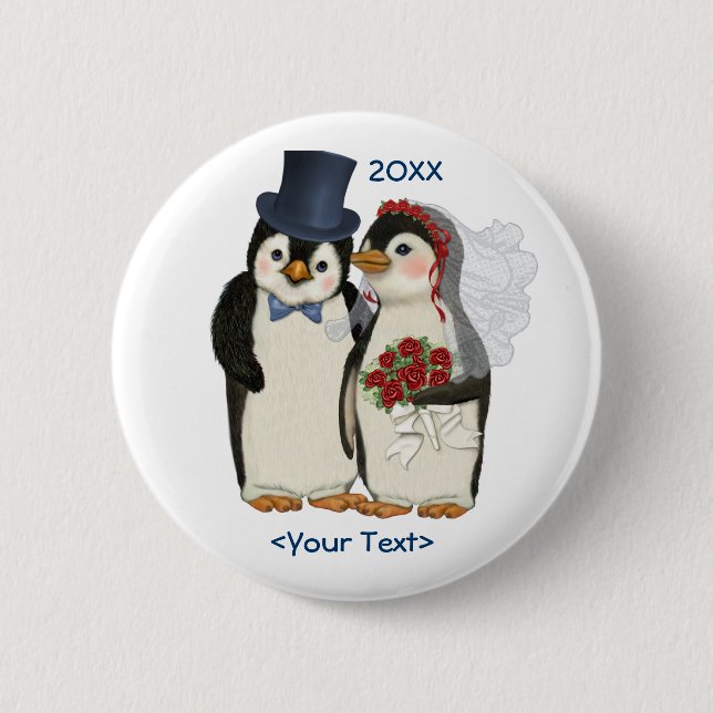 Penguin Wedding Bride and Groom Tie - Customize 2 Inch Round Button (Front)