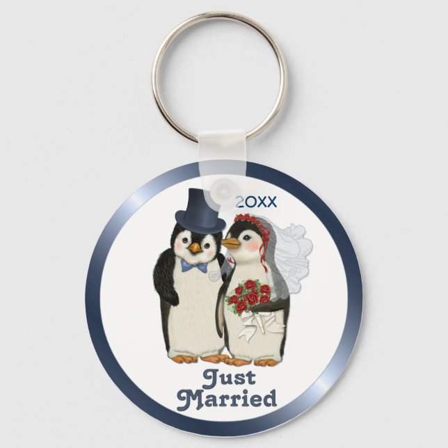 Penguin Wedding Bride and Groom Tie - Customize Keychain (Front)