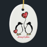 Penguin wedding gift ceramic tree decoration<br><div class="desc">Personalised penguin wedding congratulations gift hanging decoration.
The perfect way to congratulate a couple who have just got married!
It includes space for a message and the name of the husband and wife,  as well as the year of their marriage. 
Matching cards are also available in this illustrated design.</div>