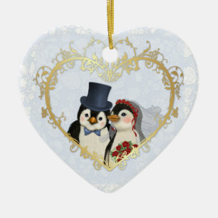 Penguin Wedding Heart - Customize back text Ceramic Ornament