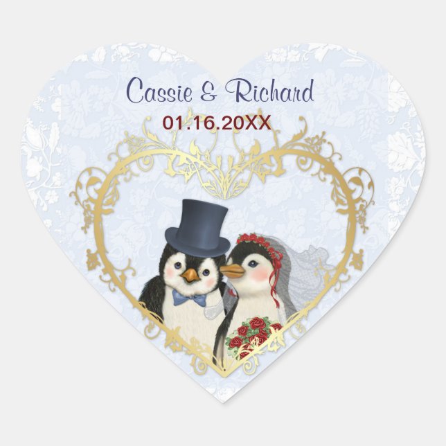 Penguin Wedding Heart - Customize Sticker (Front)