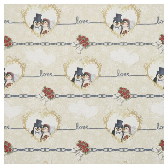 Penguin Wedding Hearts On Beige Fabric (Swatch)