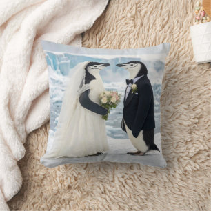 Penguin Wedding on an Arctic Glacier Throw Pillow