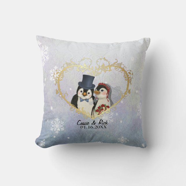 Penguin Wedding Snowflake Pattern - Customize Throw Pillow (Front)
