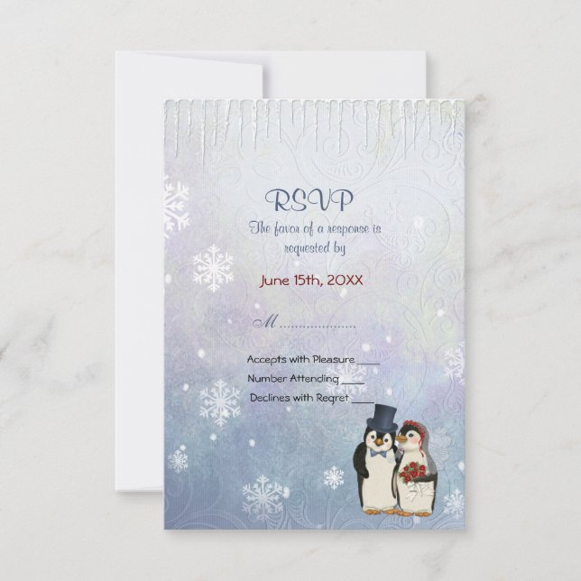 Penguin Wedding with Snowflakes - RSVP Card (Front)