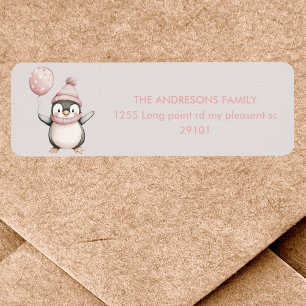 Penguin Whimsical Étiquette d'anniversaire rose