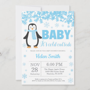 Penguin Winter Blue Boy Baby Shower Snowflake Invitation