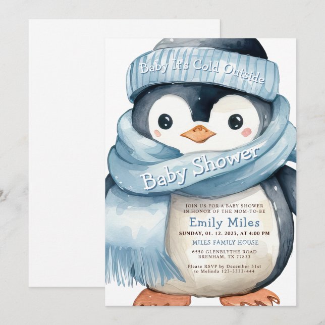 Penguin Winter Boy Baby Shower Invitation (Front/Back)