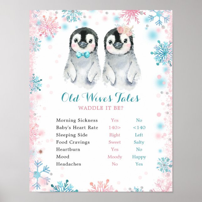 Penguin Winter Gender Reveal Old Wives Tales Sign (Front)