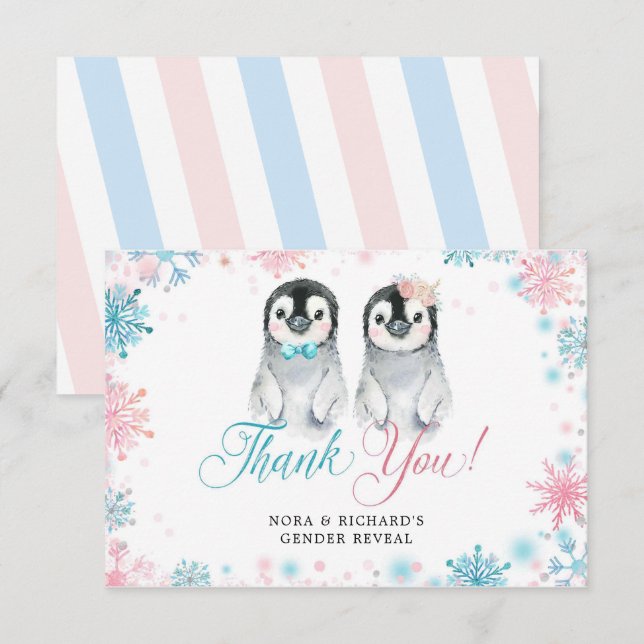 Penguin Winter Gender Reveal Thank You Card (Front/Back)