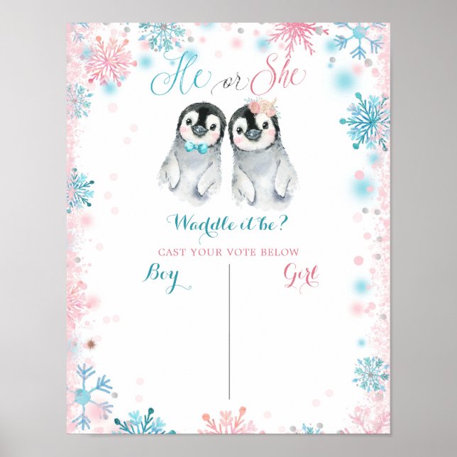 Penguin Winter Gender Reveal Voting Board Poster (Front)