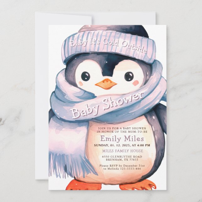 Penguin Winter Girl Baby Shower Invitation (Front)