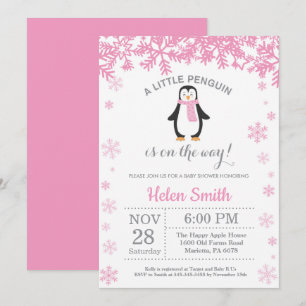 Penguin Winter Girl Baby Shower Snowflake Invitation