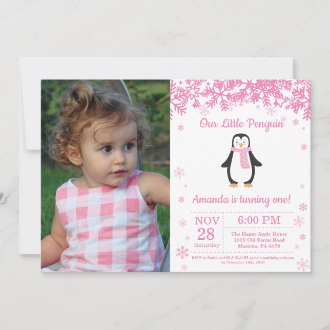 Penguin Winter Girl Birthday Photo Invitation (Front)