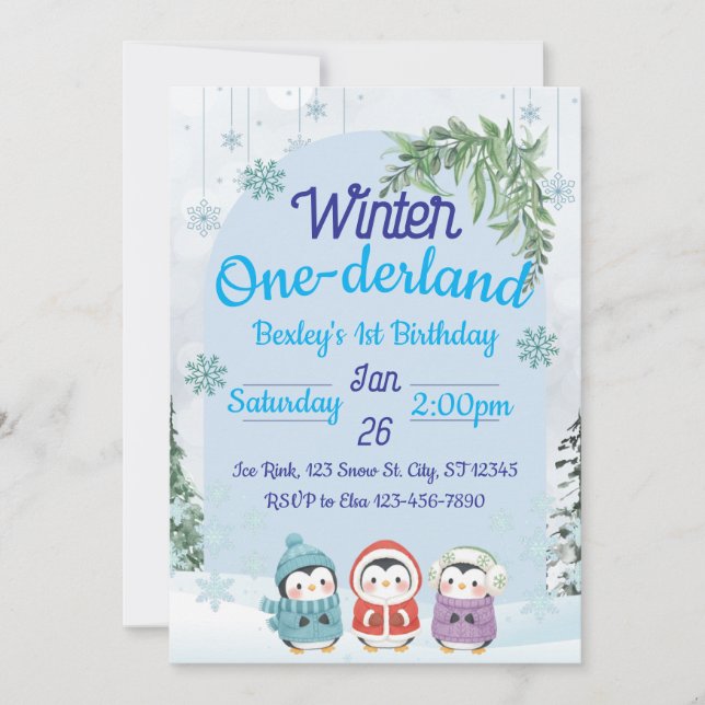 Penguin Winter One-derland 1st Birthday Invitation (Front)