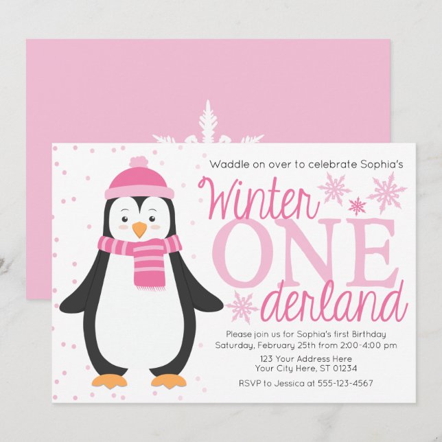 Penguin Winter ONE derland Invitation d'anniversai (Devant / Derrière)