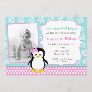 Penguin Winter ONEderland Birthday Invitations