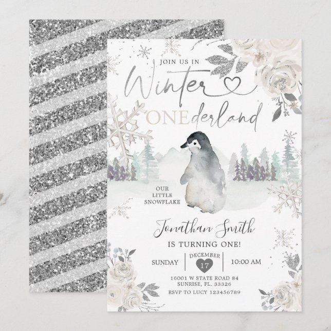 Penguin Winter Onederland Snowflake 1st Birthday Invitation (Front/Back)