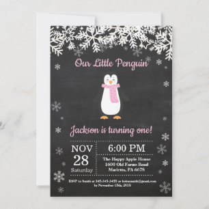Penguin Winter Pink Birthday Invitation