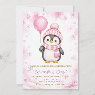 Penguin Winter Pink Snowflake Birthday Invitation