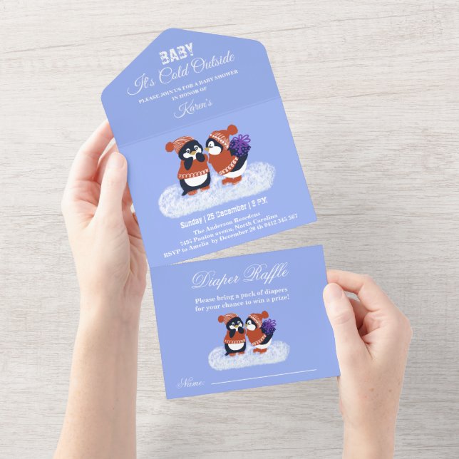 Penguin Winter Snow Birthday Baby Shower Cold All In One Invitation (Tearaway)