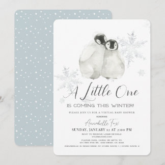 Penguin Winter Snowflake Blue Virtual Baby Shower Invitation