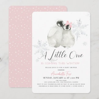 Penguin Winter Snowflake Pink Girl Baby Shower Invitation