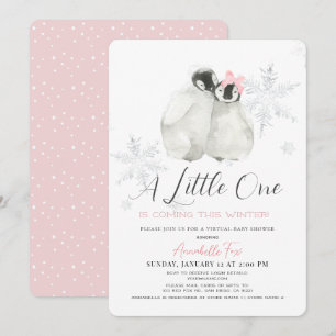 Penguin Winter Snowflake Pink Virtual Baby Shower Invitation