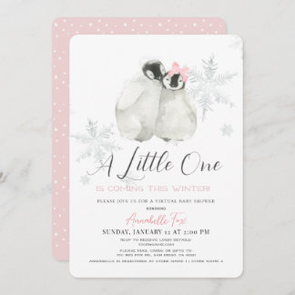 Penguin Winter Snowflake Pink Virtual Baby Shower Invitation
