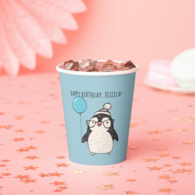 Penguin with a Balloon Personalized Birthday Paper Cups (Insitu)