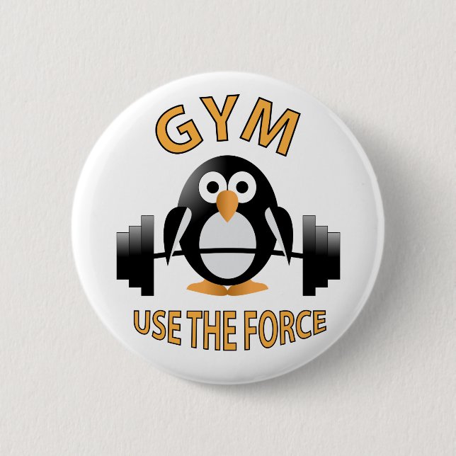 Penguin with a barbell 2 inch round button (Front)