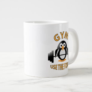 Penguin with a barbell large coffee mug