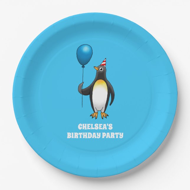 Penguin with a blue balloon paper plate (Front)