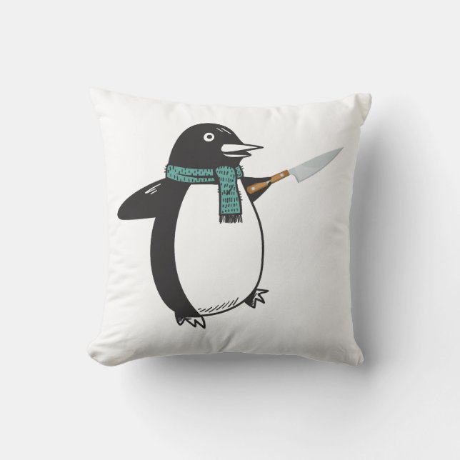Penguin with a Knife T-Shirt Throw Pillow (Front)
