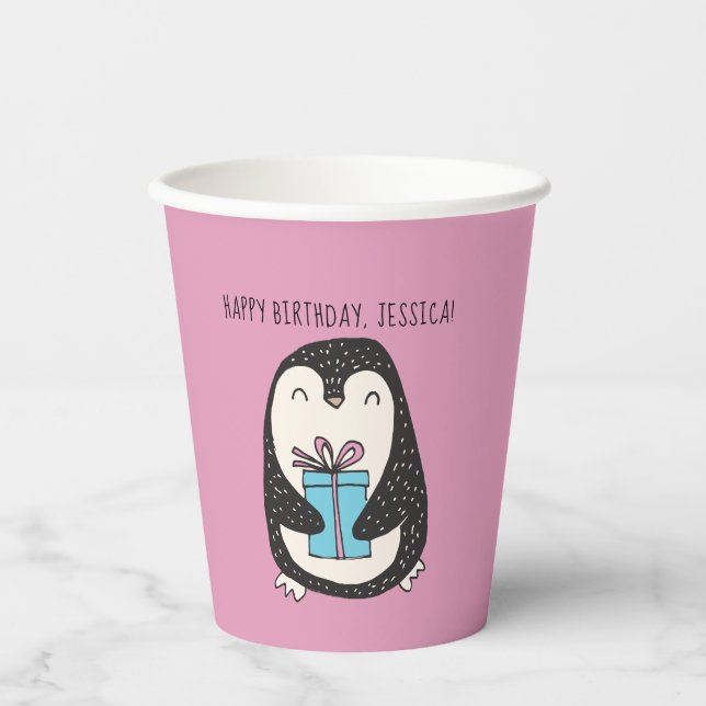 Penguin with a Present Personalized Birthday Paper Cups (Front)