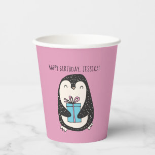 Penguin with a Present Personalized Birthday Paper Paper Cups