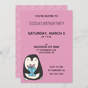 Penguin with a Present Personalized Birthday Party Invitation