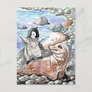 Penguin with Baby Seal Postcard