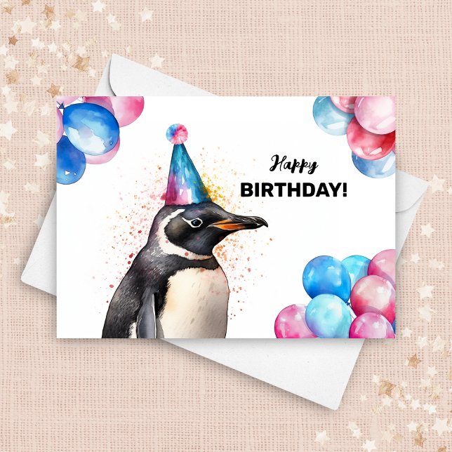 Penguin with Balloons and Party Hat Bird Birthday Card (Creator Uploaded)