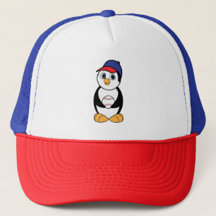 Penguin with Baseball Red, White and Blue Trucker Hat