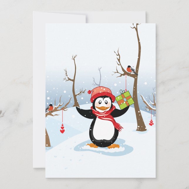 Penguin with Christmas gift winter landscape Holiday Card (Front)