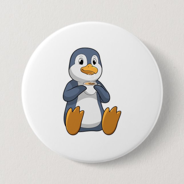 Penguin with Coffee Cup 3 Inch Round Button (Front)