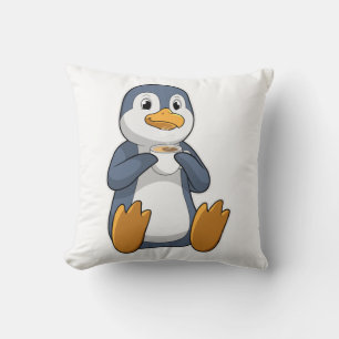 Penguin with Coffee Cup Throw Pillow